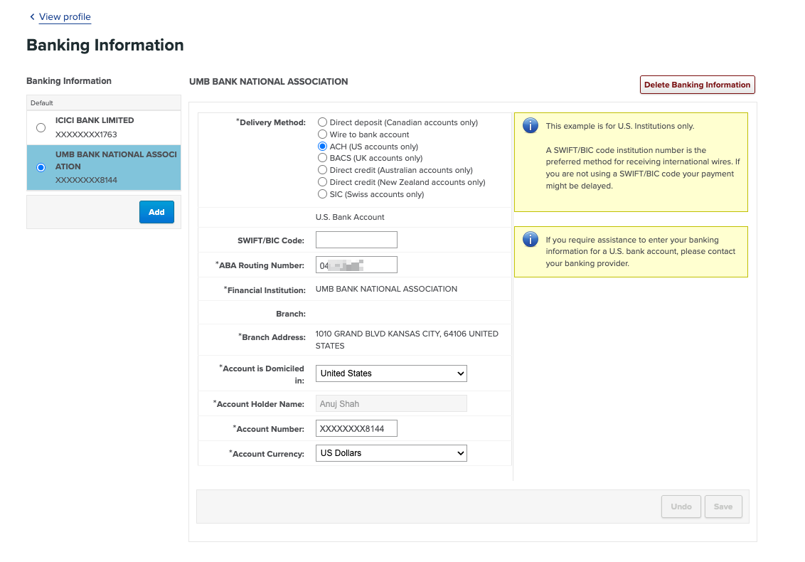 Shareworks bank setup